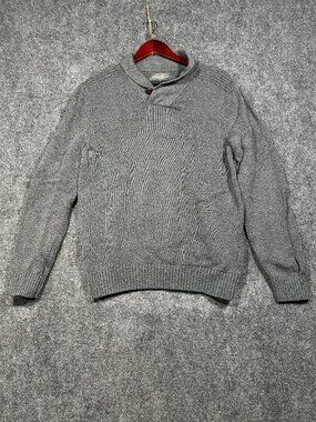 Eddie Bauer Sweater Mens Medium Gray  Cotton Button Ribbed Cuffs Hem Pullover